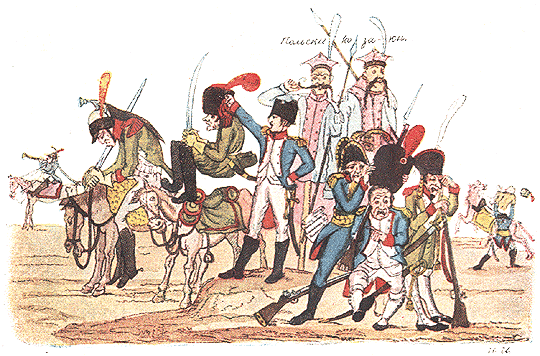 «Наполеон формирует новую армию из роты уродов и калек». Карикатура И.А. Иванова.