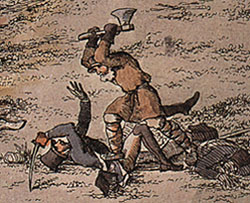 Фрагмент раскрашенной гравюры И. Теребенева "Крестьяние увозит французскую пушку". 1813 г.