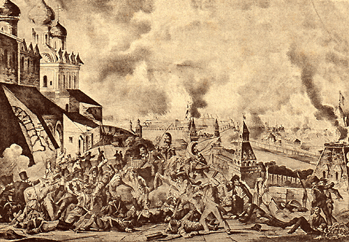 Пожар Москвы во время нашествия французов 2 сент. 1812 г. (Нем. лубочная грав.).