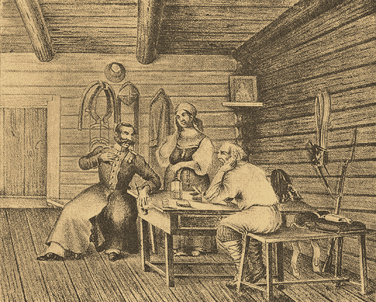 Ополченец 1812 г. в крестьянской семье. (Лубочн. карт. в Публичн. Библ.).