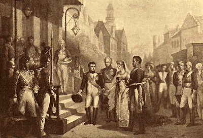 Наполеон встречает прусскую королеву в Тильзите. (рис. Гроссе).