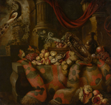 Натюрморт с ковром, фруктами и павлином. Абрахам де Люст. Голландская школа. Холст, масло