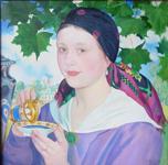 Борис Кустодиев. Девушка с чашкой (портрет Марии Дмитриевны Шостакович). 1920. Холст, масло. 44х42,5