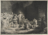 Рембрандт Харменс ван Рейн «Проповедующий Христос» («Лист в сто гульденов»). Около 1648. Гравюра офортом, сухой иглой и резцом. Государственный Эрмитаж 