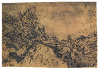 Геркулес Питерс Сегерс «Скалистый пейзаж с колокольней вдали». Около 1623–1625. Офорт, сухая игла, отпечаток сине-зелеными чернилами. Государственный Эрмитаж