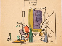 Жолткевич Л.А.  Натюрморт с бутылкой. Гравюра с раскраской, 1923 год.