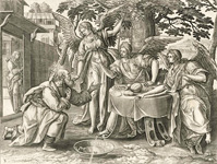 Явление бога Аврааму в образе трех ангелов (по оригиналу М. де Воса). Иллюстрация из Библии Пискатора. 1639. Гравюра резцом