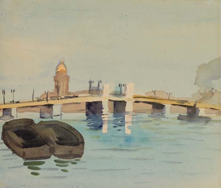 Лапшин Николай Федорович (1891-1942). Мост Лейтенанта Шмидта. Бумага, акварель. 1940-е
