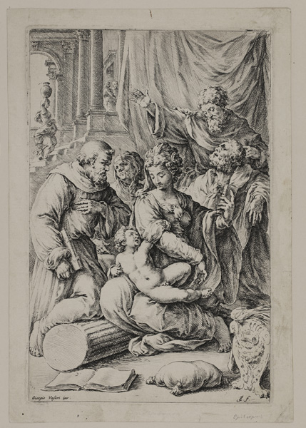 Гравюра. Бисхоп Я. гравер (1628 - 1671), Вазари Д. автор композиции (1511-1574). Италия/Голландия. Святое собеседование. Из серии 