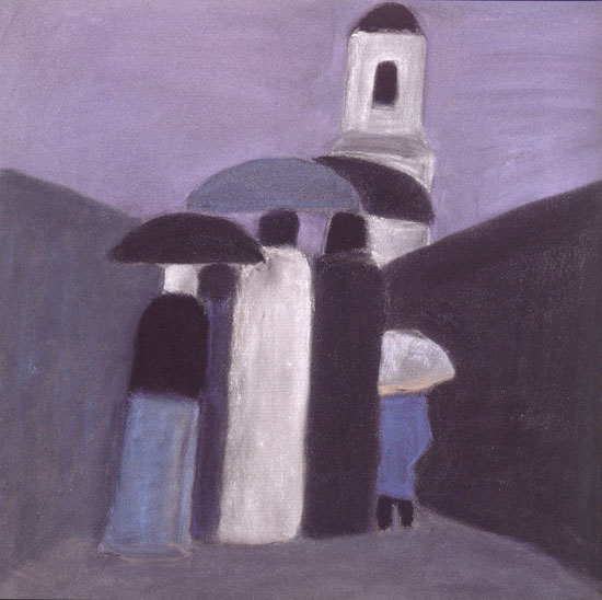 Дик, П.Г. Люди под зонтами (К храму). Наждачная бумага, пастель, уголь. 1995