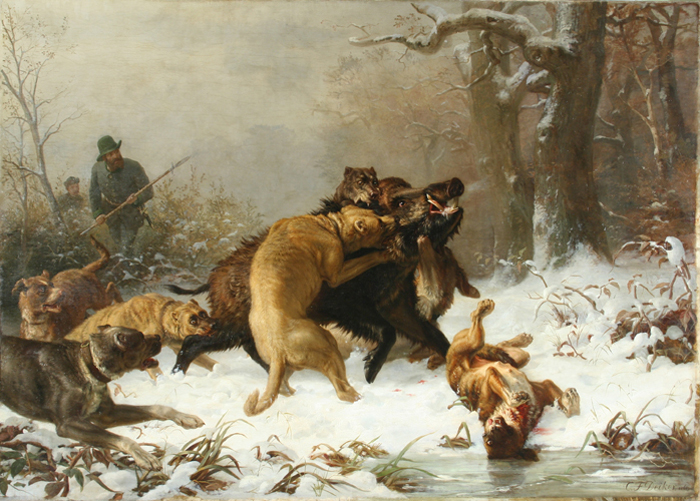 Дейкер, Карл Фридрих (1836-1892). Охота на кабана. Германия. 1861. Холст, масло
