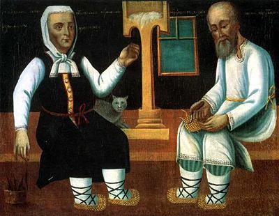 A Muzhik Botching the Bast Shoes, an Old Woman Spinning Thread