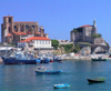 St. Mary Church and Santa An castle lighthouse, Castro Urdiales, Cantabria, Spain, 1853